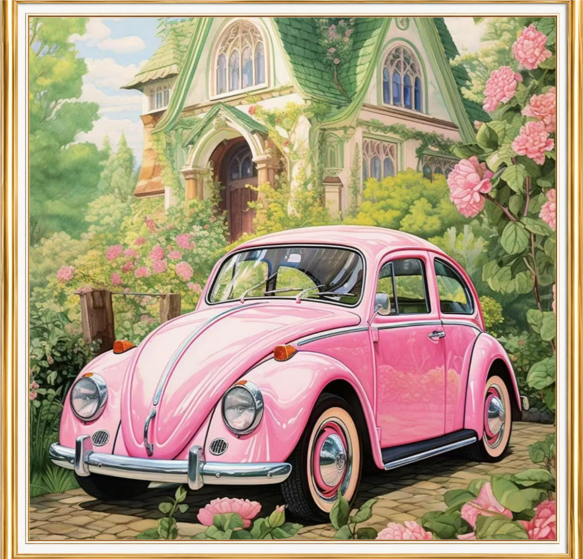 Pembe Vosvos ve Çiçekli Ev Elmas Mozaik Puzzle Kit 30x30 cm