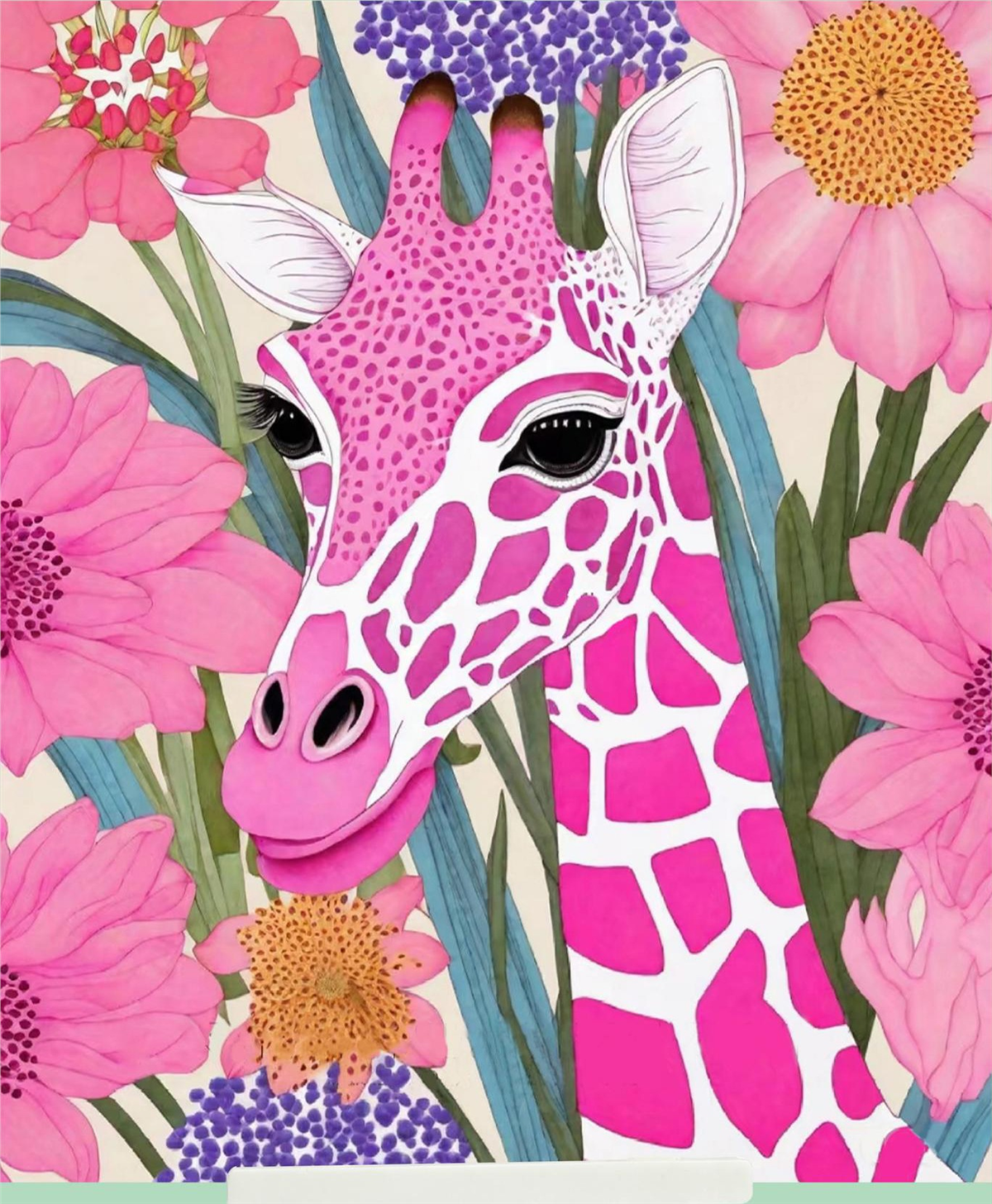 Pembe Zürafa ve Çiçekler Elmas Mozaik Puzzle Kit 21x25 cm