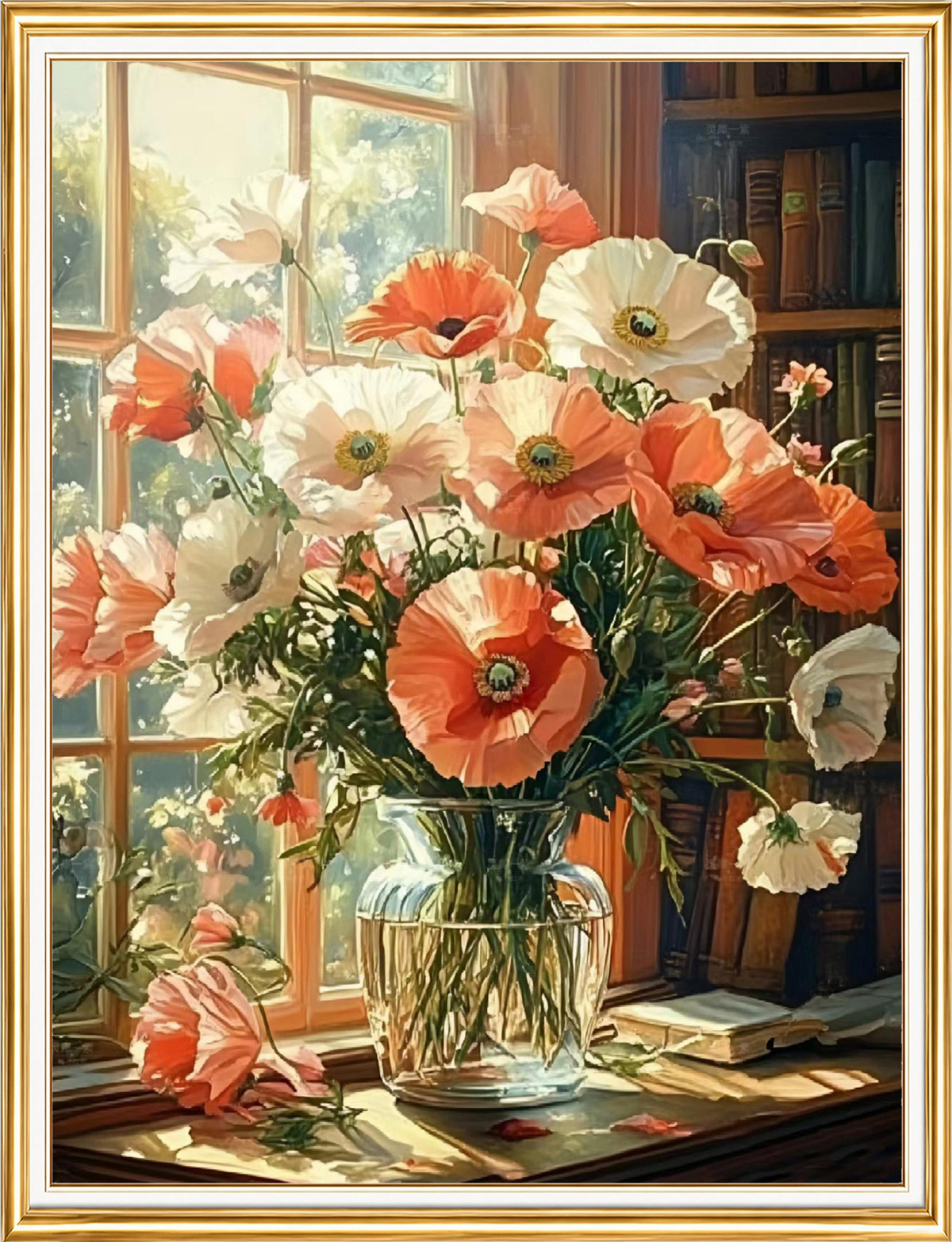 Pencere Kenarında Cam Vazoda Gelincikler Elmas Mozaik Puzzle Kit 50x65 cm