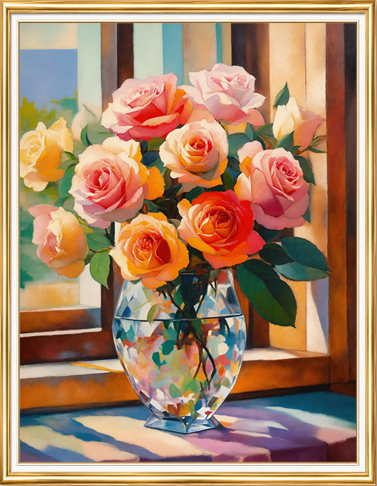 Pencere Önünde Desenli Vazoda Güller Elmas Mozaik Puzzle Kit 40x50 cm