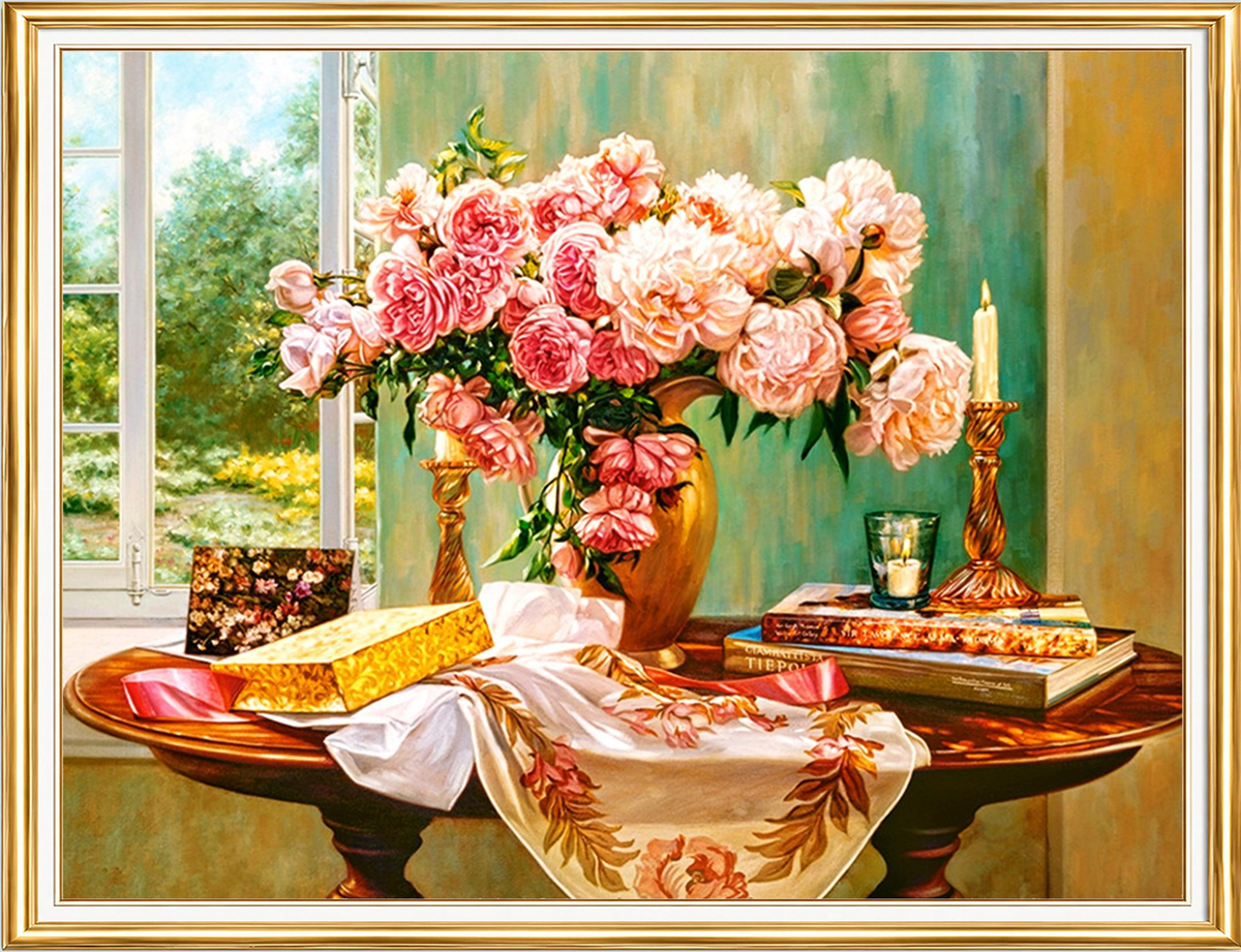Pencere Önünde Pembe Güller Elmas Mozaik Puzzle Kit 50x65 cm