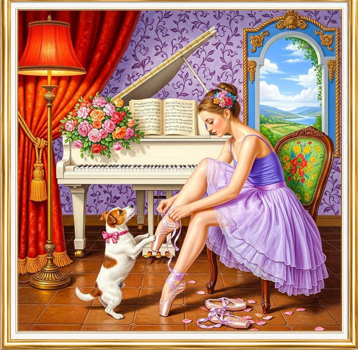 Piyano Odasında Balerin Elmas Mozaik Puzzle Kit 30x30 cm