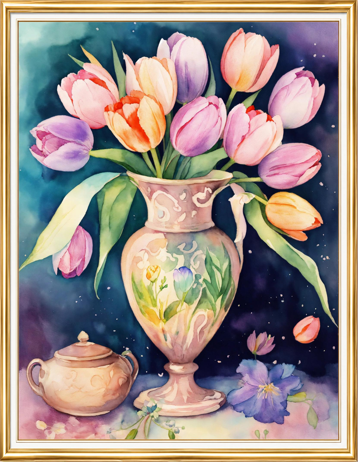 Porselen Vazoda Pastel Laleler Elmas Mozaik Puzzle Kit 40x50 cm
