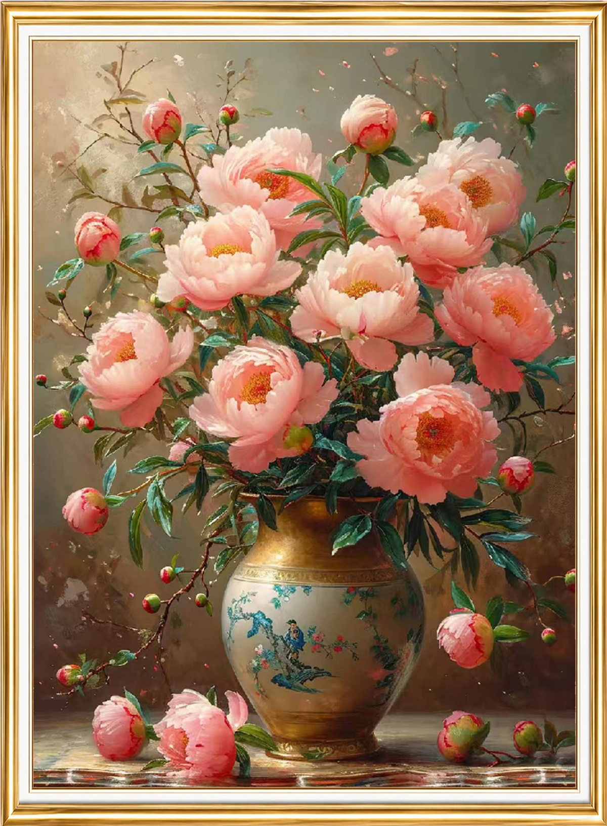 Porselen Vazoda Şakayıklar Elmas Mozaik Puzzle Kit 30x40 cm