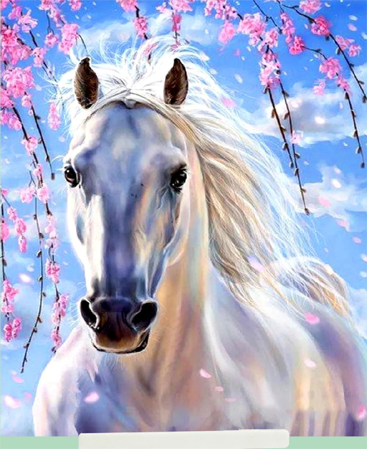 Sakura Dalları Altında Beyaz At Elmas Mozaik Puzzle Kit 21x25 cm