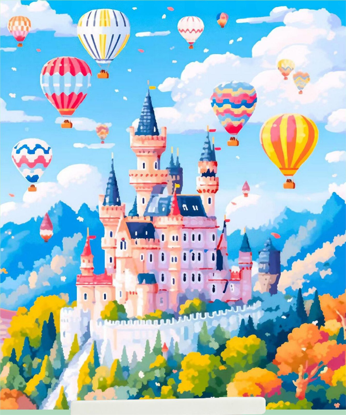 Sıcak Hava Balonları ve Pembe Şato Elmas Mozaik Puzzle Kit 21x25 cm