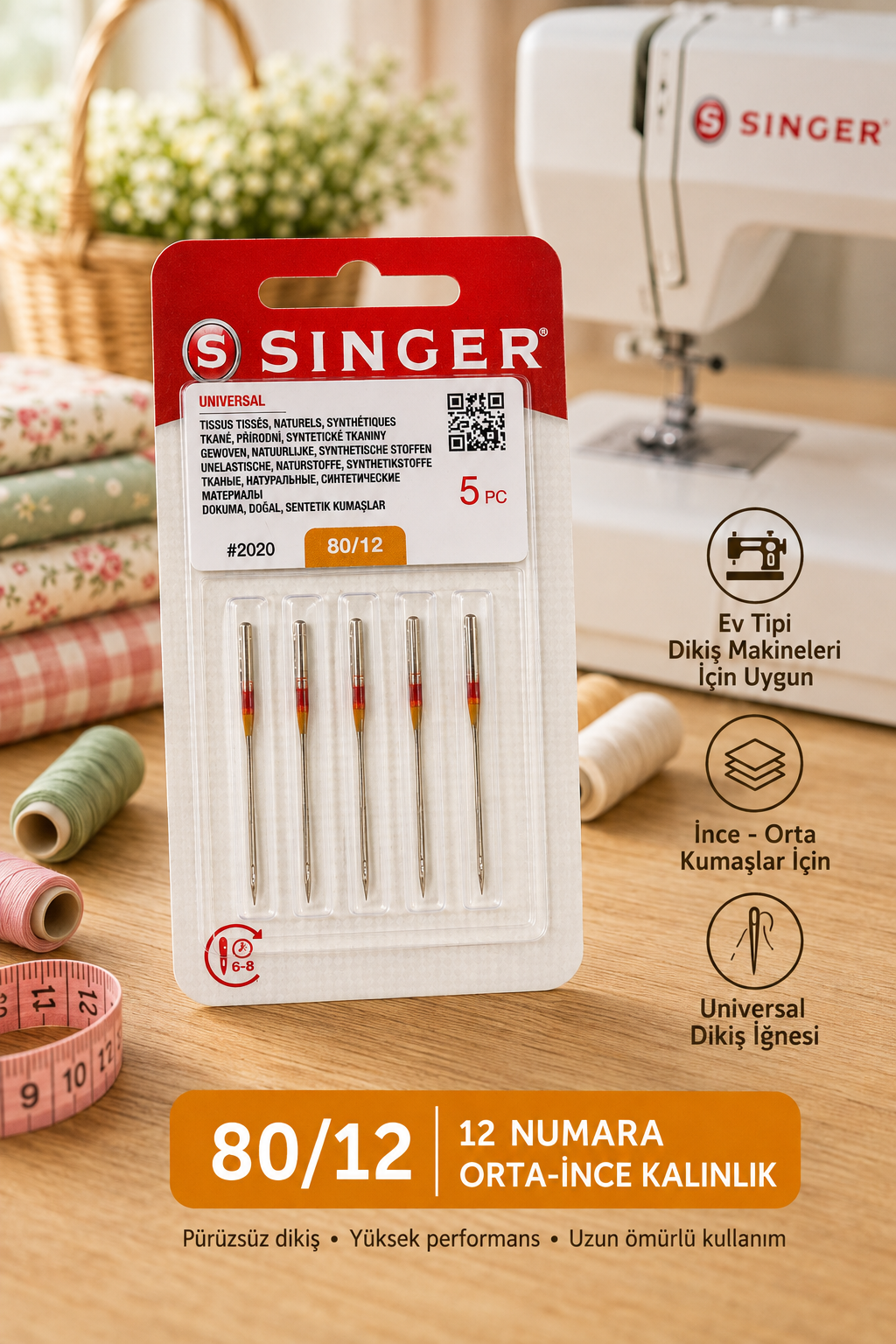 Singer 80/12 Makine İğnesi, Ev Tipi Makine İğnesi, 2020 Singer Dikiş İğnesi 12 Numara