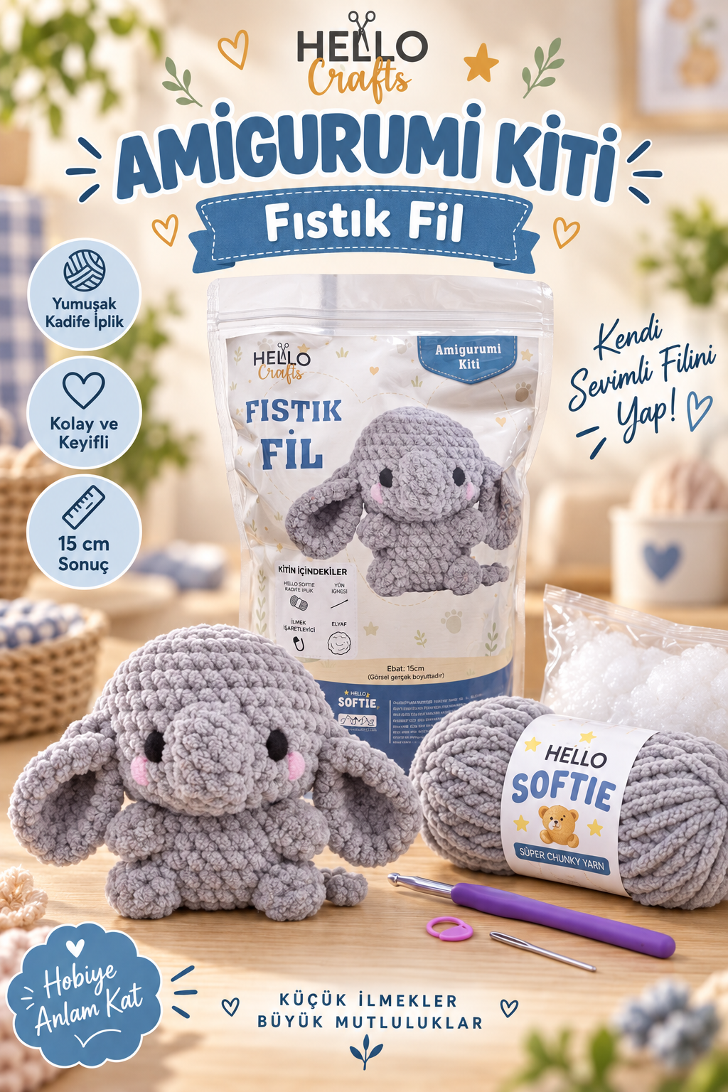 Softie Amigurumi Kiti, Fıstık Fil, 15 cm