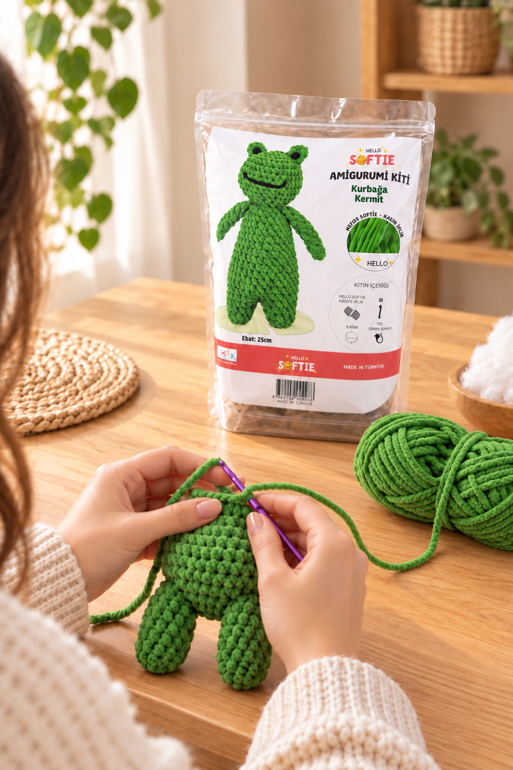 Softie Amigurumi Kiti, Kurbağa Kermit, 25 cm