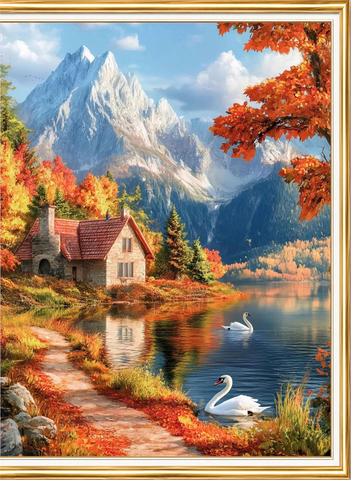 Sonbaharda Dağ Gölü ve Kuğular Elmas Mozaik Puzzle Kit 40x50 cm