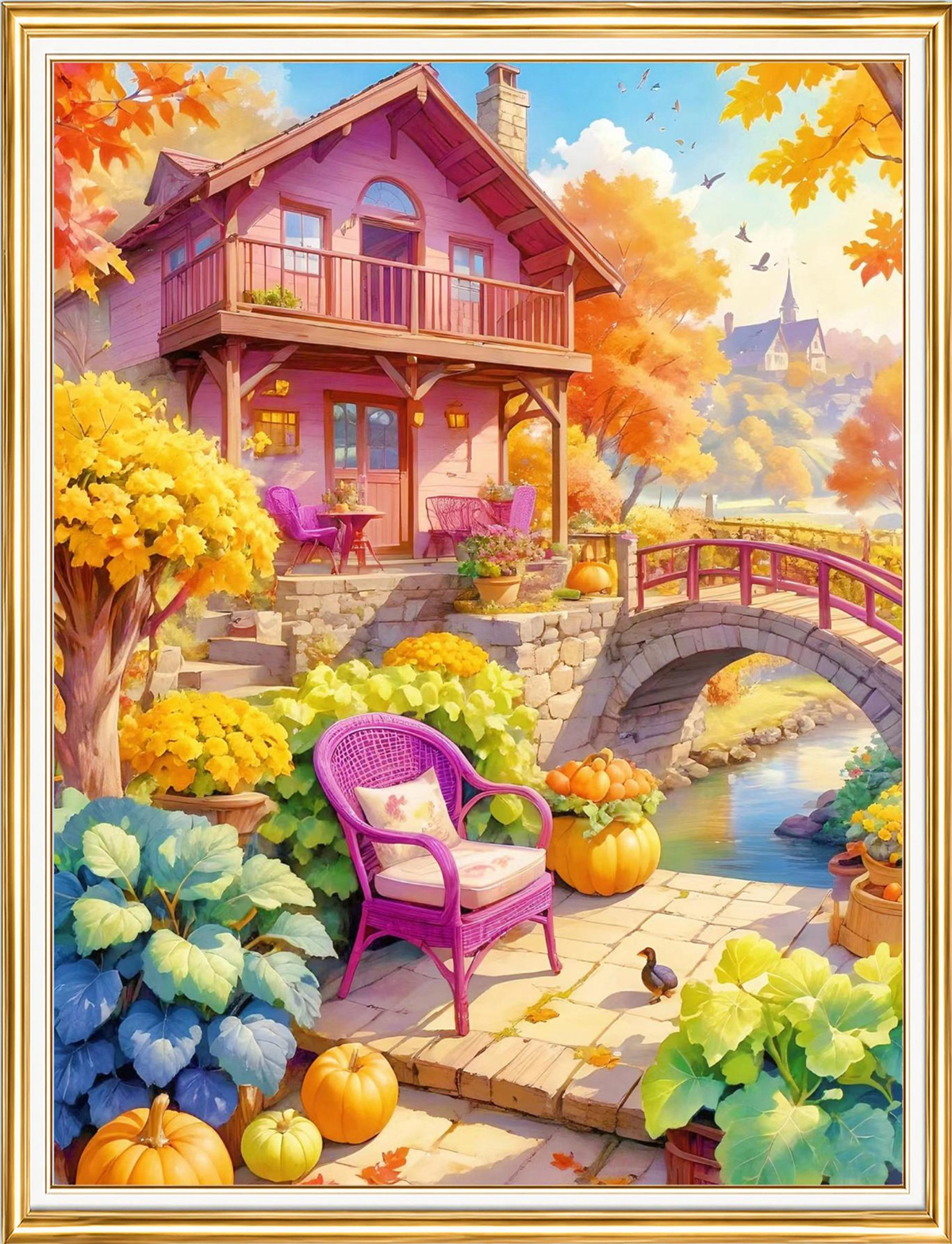 Sonbaharda Pembe Ev ve Köprü Elmas Mozaik Puzzle Kit 50x65 cm