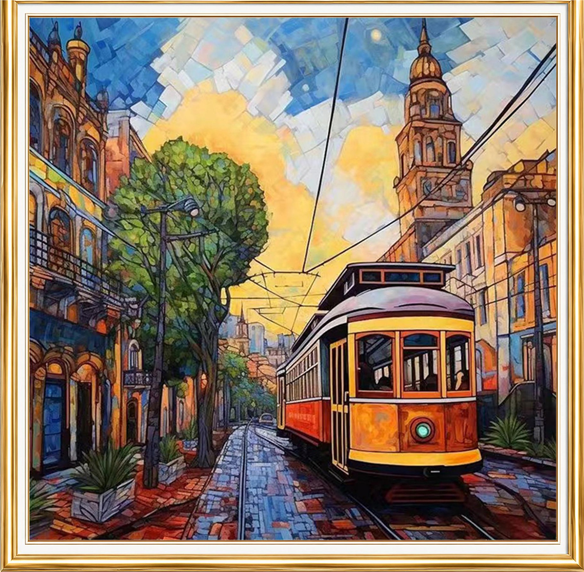 Tarihi Sokakta Sarı Tramvay Elmas Mozaik Puzzle Kit 30x30 cm