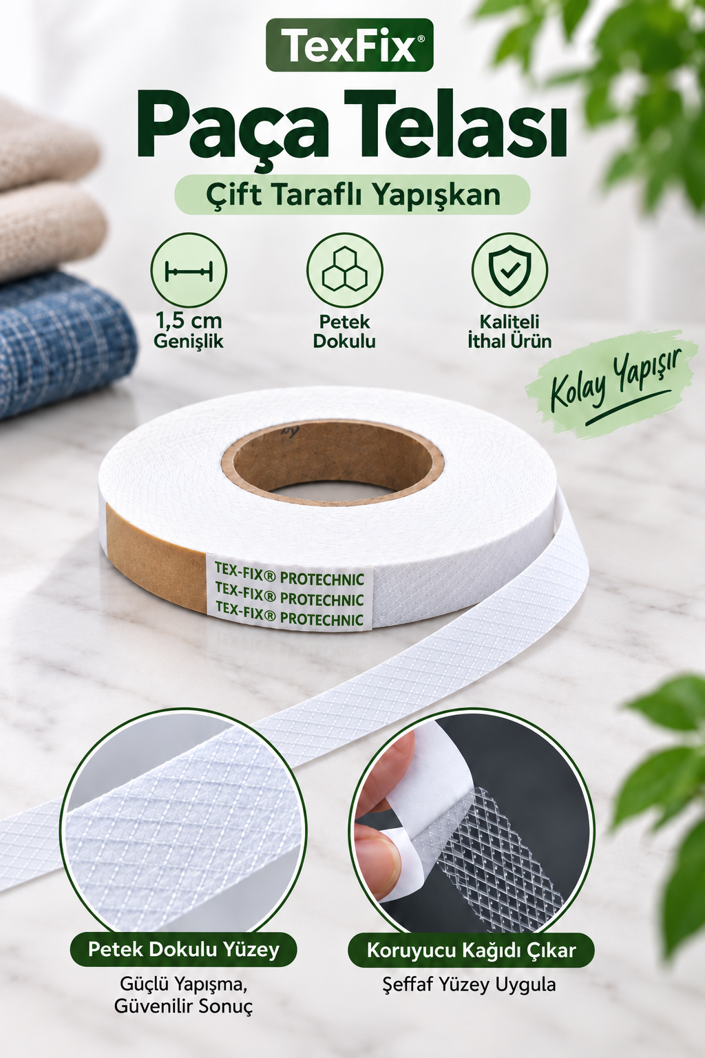 TexFix Paça Telası 1,5cm Eninde 100m Top, Petek Dokulu Çift Taraflı Yapışkan Şerit Tela
