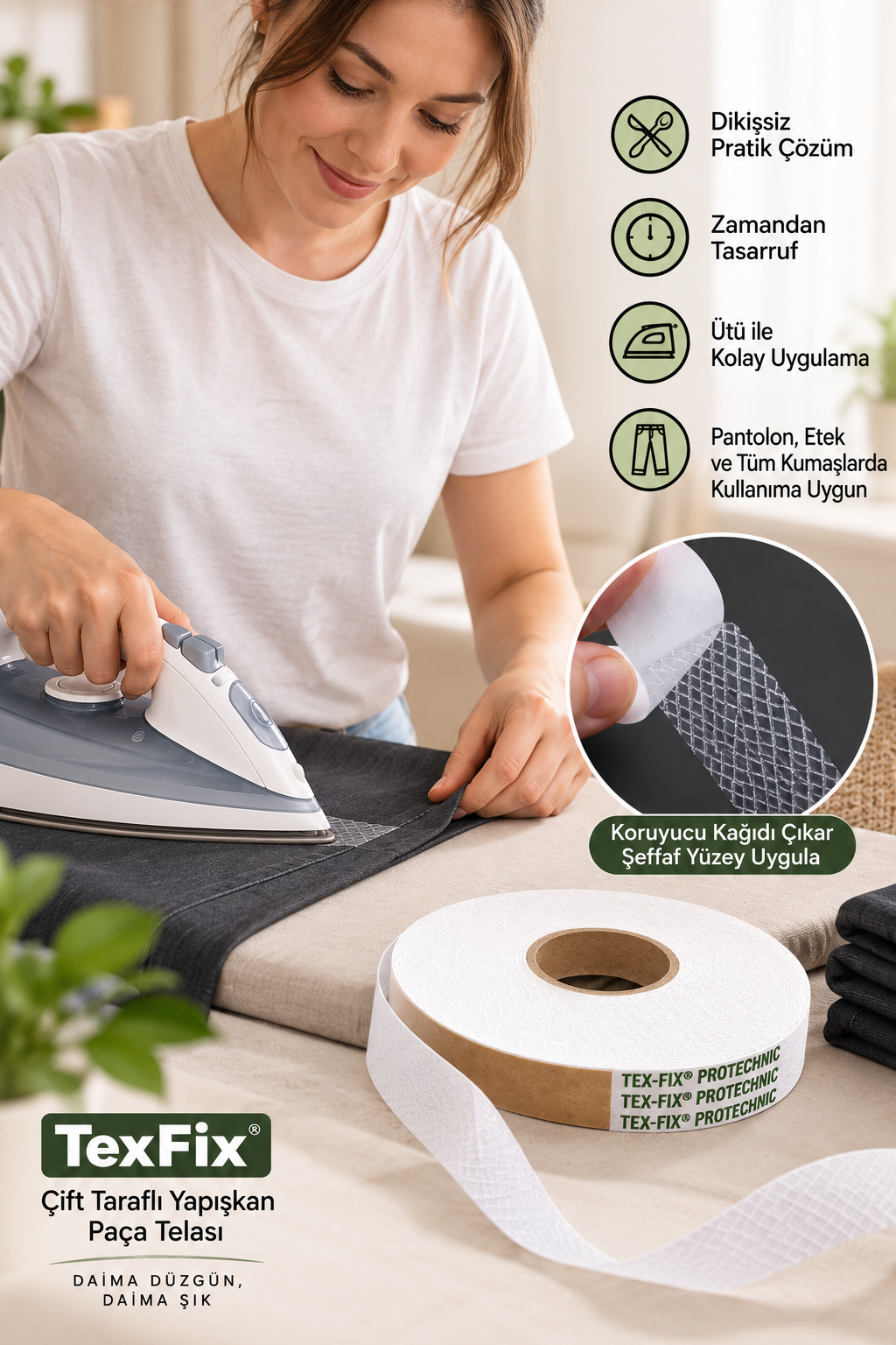 TexFix Paça Telası 2cm Eninde 100m Top, Petek Dokulu Çift Taraflı Yapışkan Şerit Tela