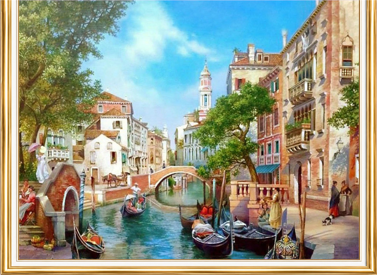 Venedik Kanalı ve Gondollar Elmas Mozaik Puzzle Kit 40x50 cm