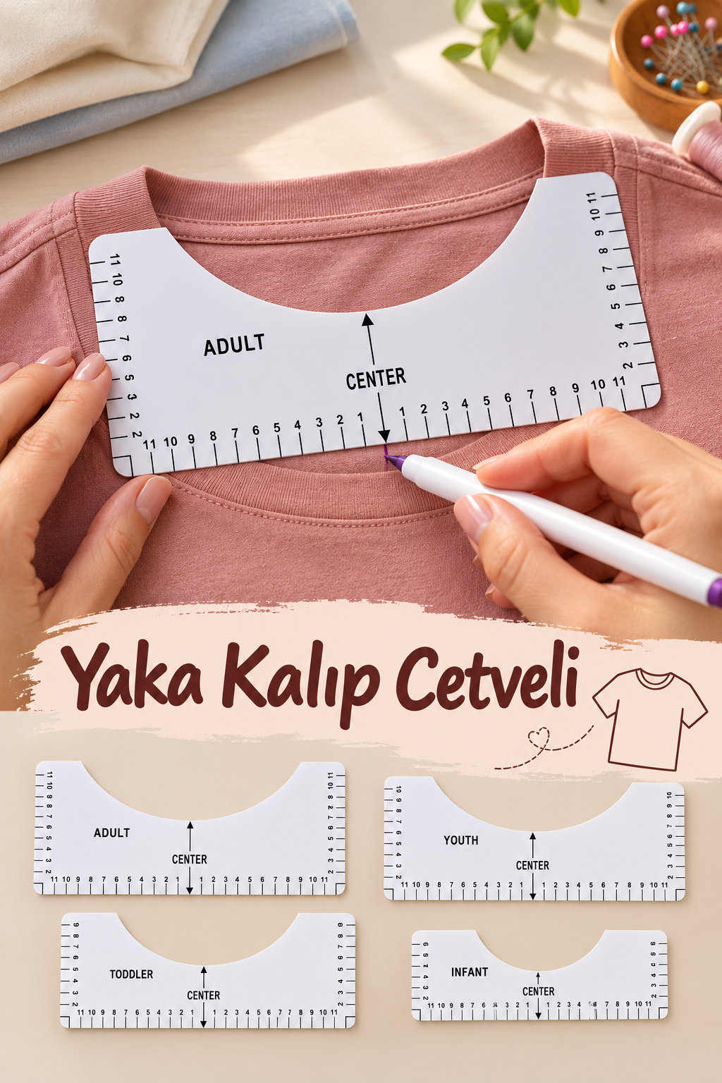 Yaka Kalıbı 4'lü, Profesyonel Tişört Hizalama Cetveli Seti - Baskı, Nakış ve Yaka Dikiş Şablonu