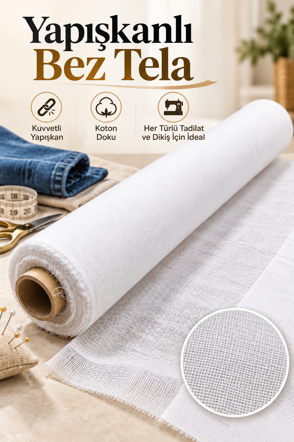 Yapışkanlı Bez Tela 90cm En, Orta Bez Tela Beyaz 1 Metre