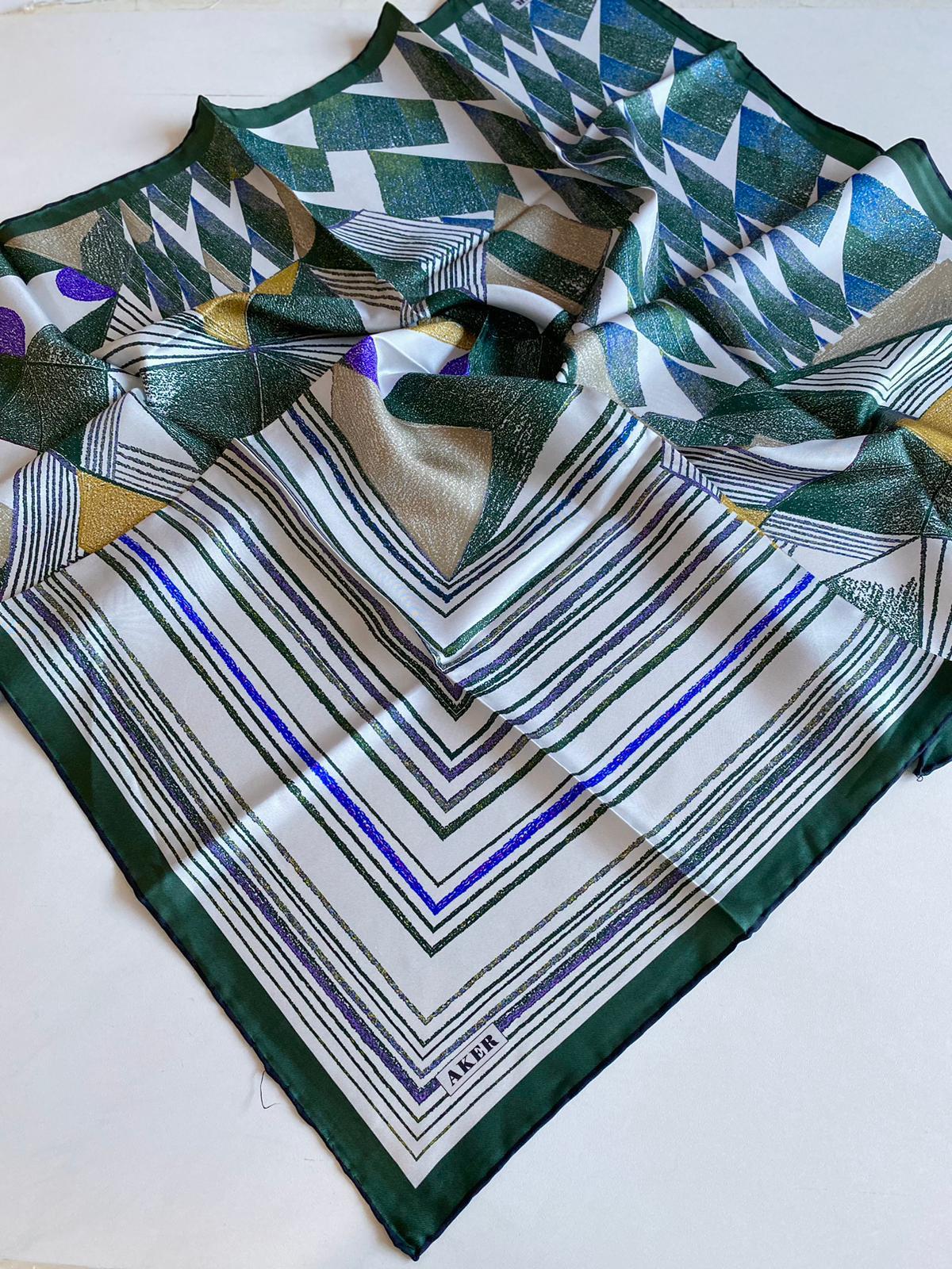 Aker Defective Twill Silk Scarf 39568 Green Mixed Pattern