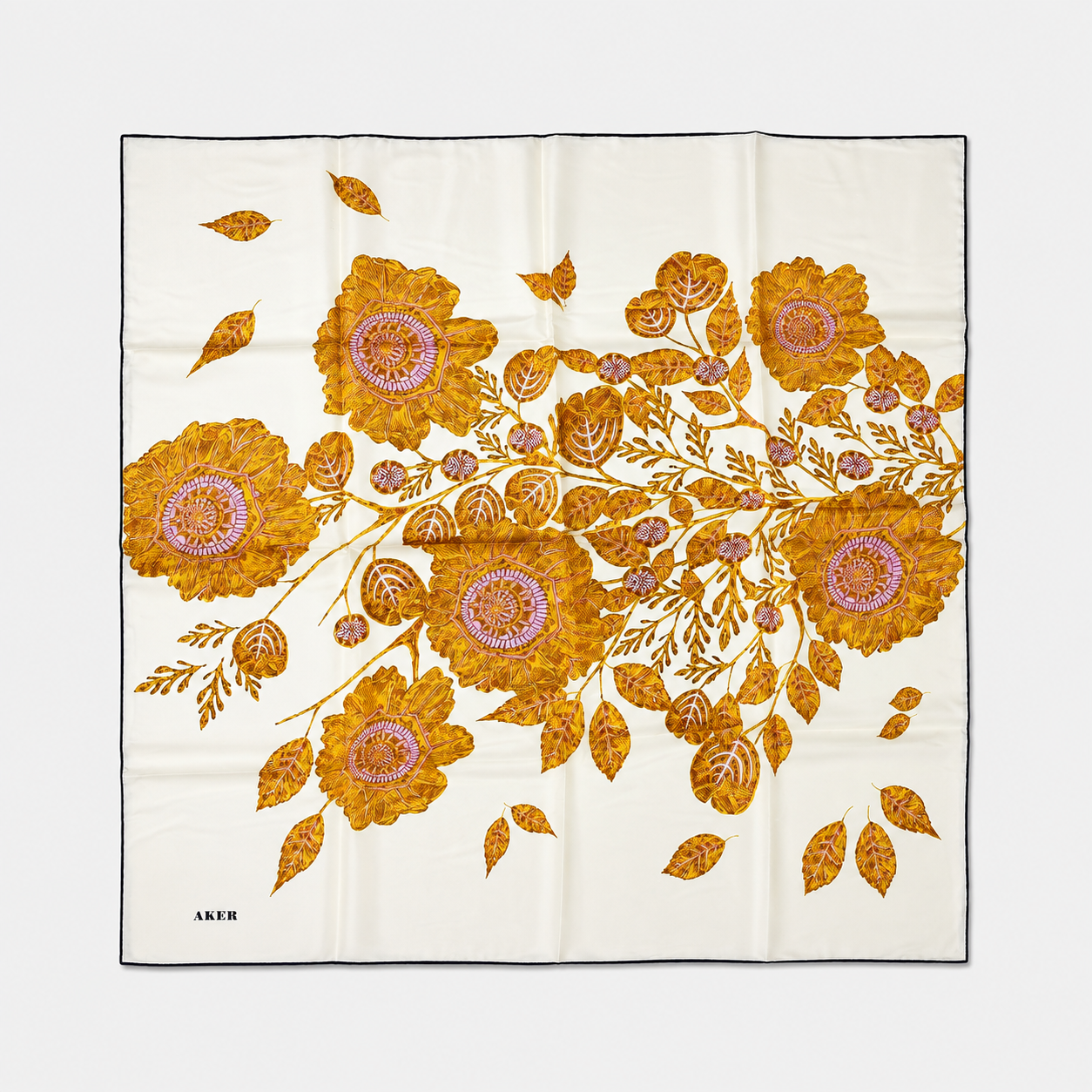 Aker Powder Cream Yellow Mixed Pattern Satin Silk Scarf 31207