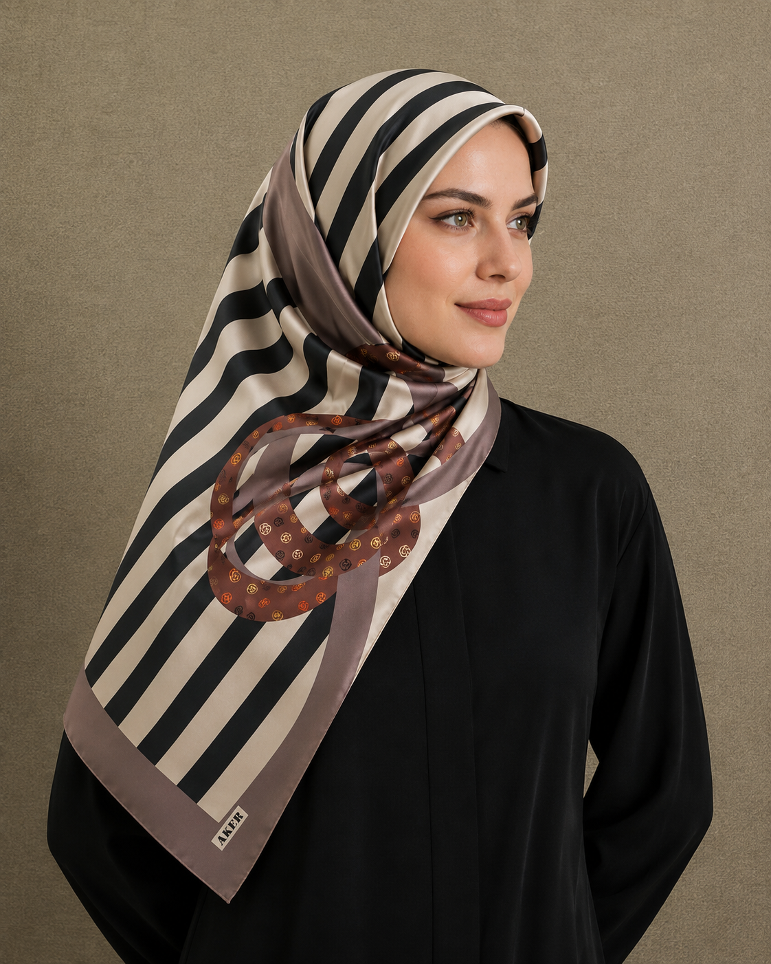Aker Cream Black Line Pattern Twill Silk Scarf 8804713-941