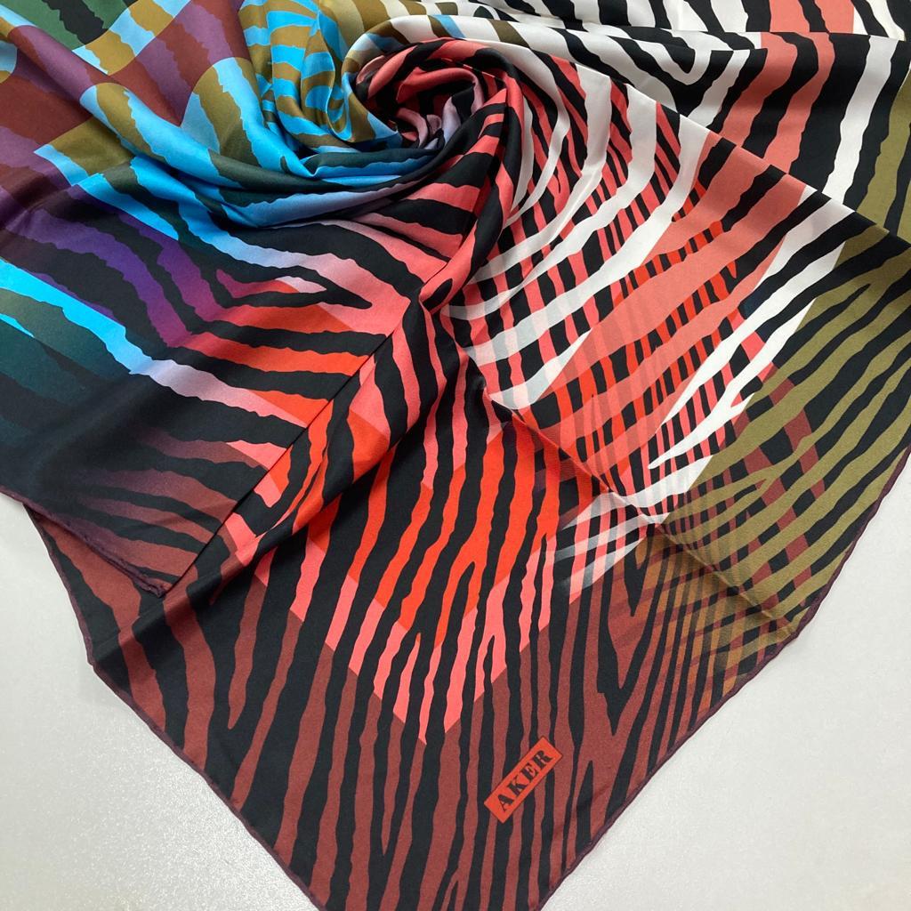 Aker Renkli Zebra Desen Tivil İpek Eşarp 7651713-941