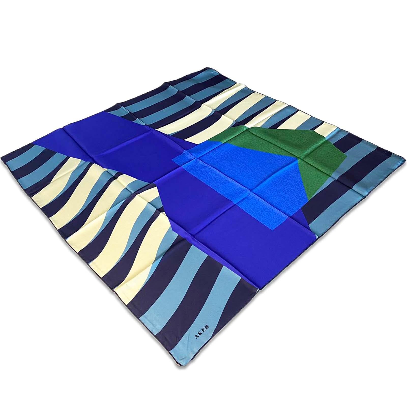 Aker Saks Blue Mixed Pattern Twill Silk Scarf 8809713-922