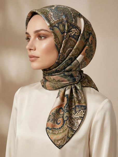 Aker Sura İpek Eşarp Zümrüt Yeşili Etnik Desen