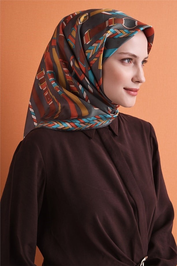 Armine Jakarlı Saf İpek Eşarp 9607 36 Gri Kemer Desen 