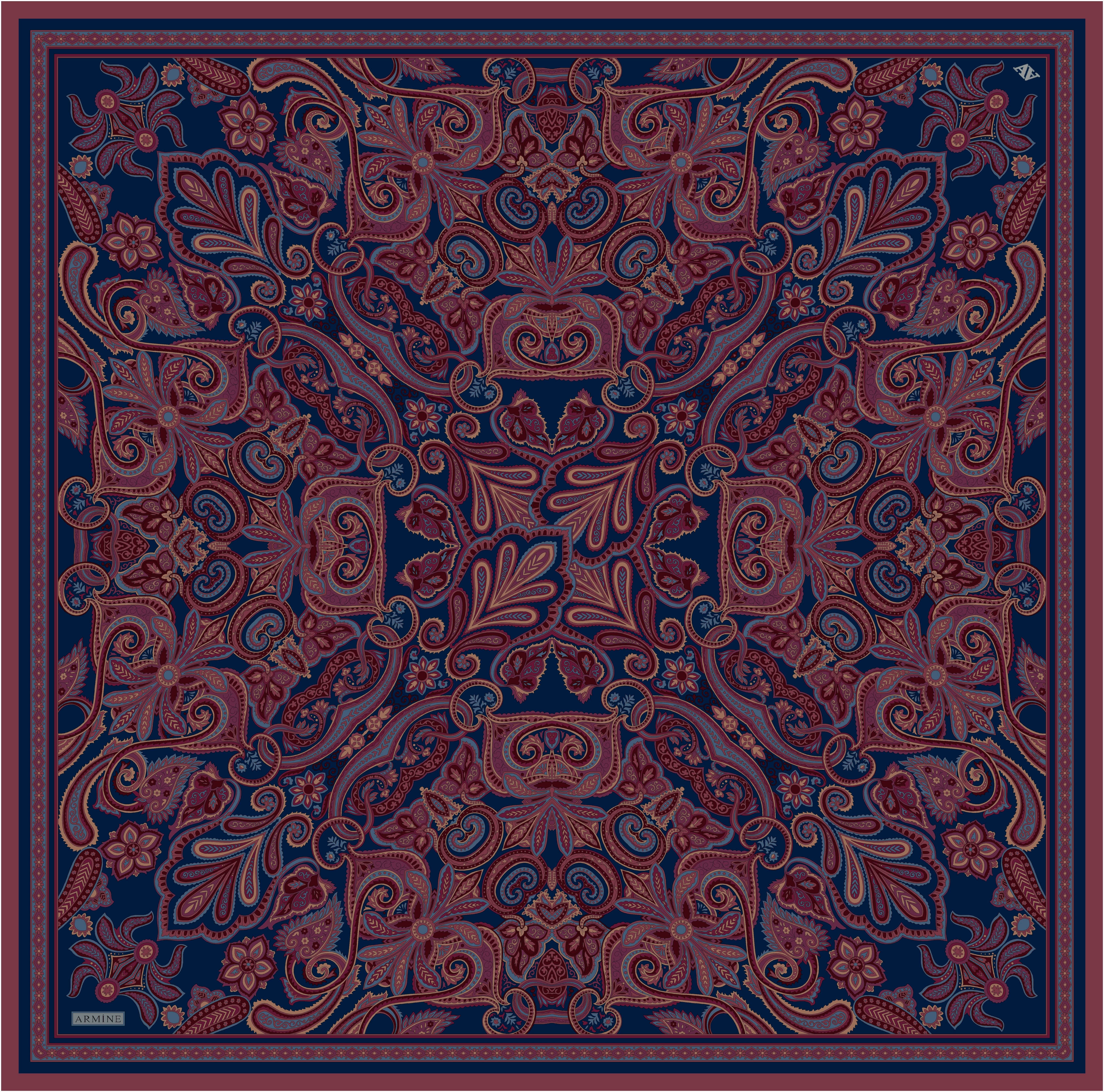 Armine Nostalji Sura Saf İpek 9421 88 Lacivert Bordo Etnik  Desen 