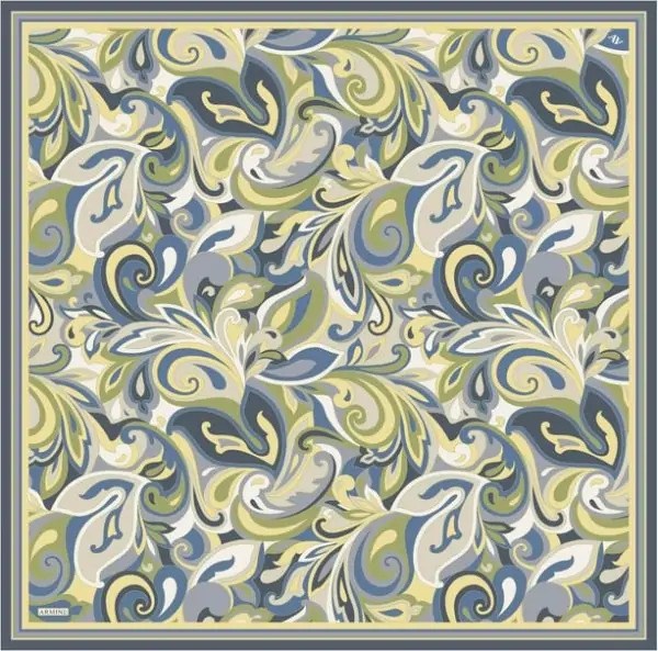 Armine Nostalji Sura Saf İpek Eşarp 9323 80 Mavi Sarı Karışık Desen