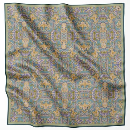 Armine Nostalji Sura Saf İpek Eşarp 9416 52 Petrol Mavisi Etnik Desen