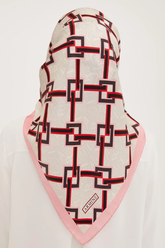 Armine Pembe Geometrik Desenli Tivil İpek Eşarp IST8940-15