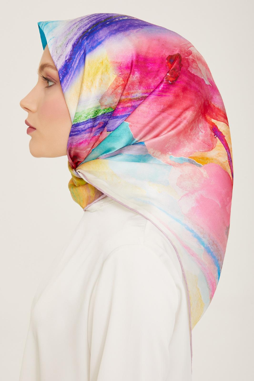 Armine Pembe-Petrol Yeşil Batik Desen Tivil İpek Eşarp 9102-82