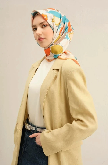 Armine Sura İpek Eşarp 9314 - 36 Turuncu Karışık Desen 