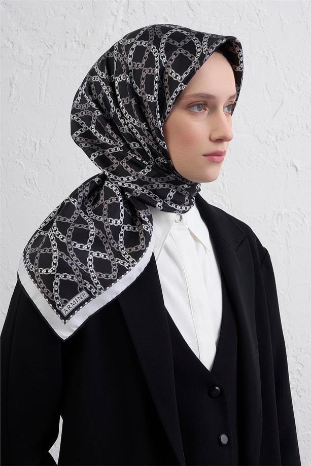 Armine Sura Saf İpek Eşarp 9410-89 Siyah Karışık Desen