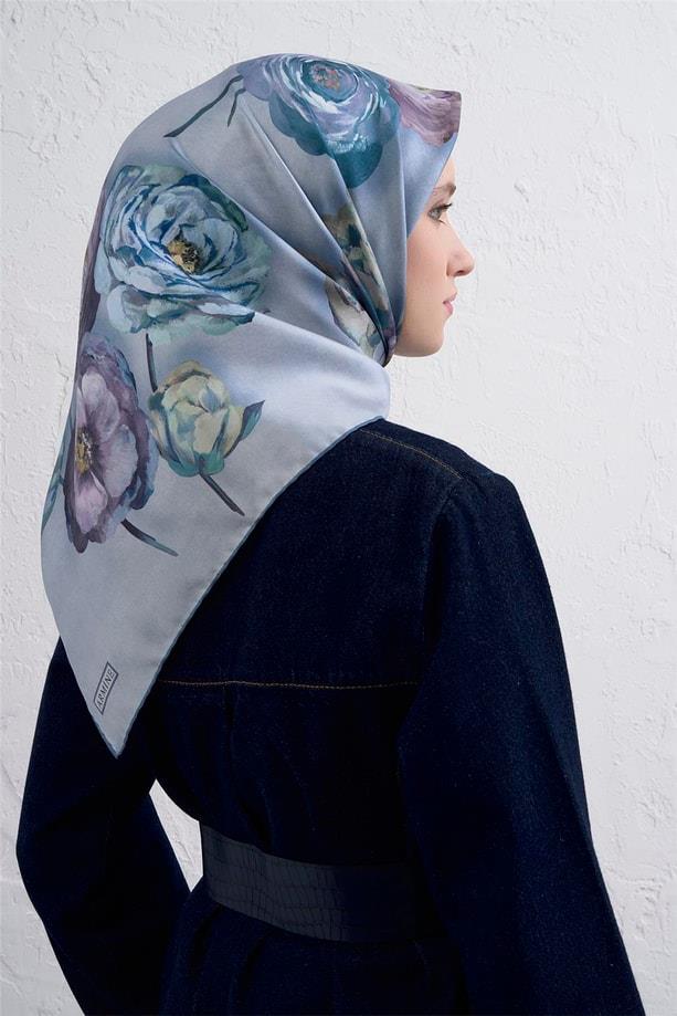 Armine Sura Saf İpek Eşarp 9419-07 Açık Mavi Karışık Desen