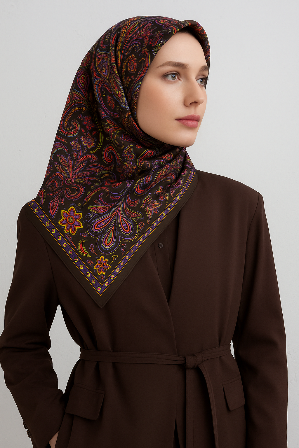 Armine Sura Saf İpek Eşarp 9421-50 Füme Karışık Desen 