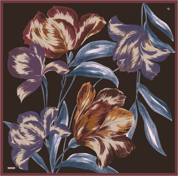 Armine Sura Saf İpek Eşarp 9506 - 31 Siyah Turuncu Bordo Pastel Desen