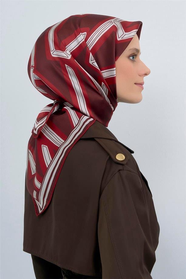 Armine Sura Saf İpek Eşarp 9547 - 83 Bordo Simetrik Desen