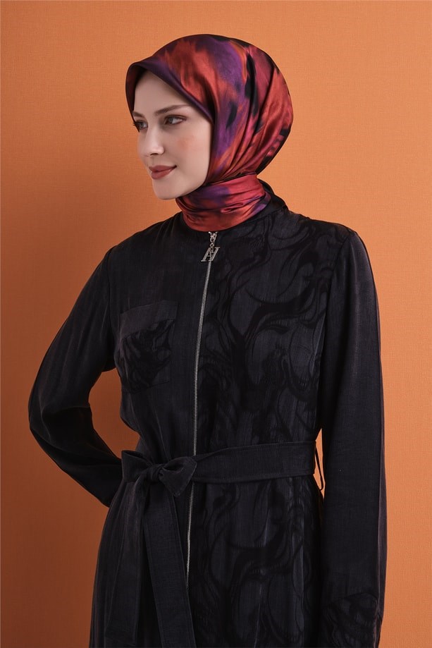 Armine Sura Saf İpek Eşarp 9606 04 Fuşya Siyah Soyut Desen 
