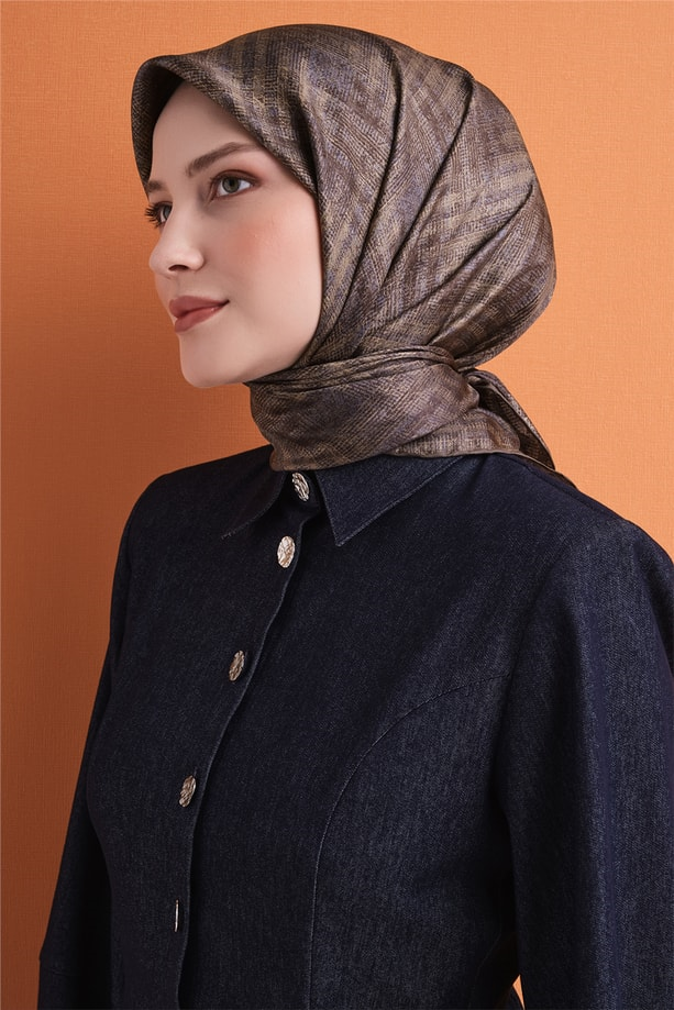 Armine Sura Saf İpek Eşarp 9628 04 Hardal Kahverengi Çizgi Desen 