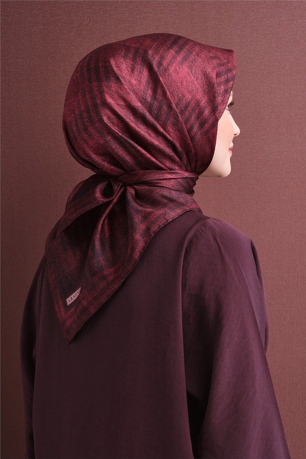 Armine  Sura Saf İpek Eşarp 9628 84 Bordo Siyah Çizgi Desen 