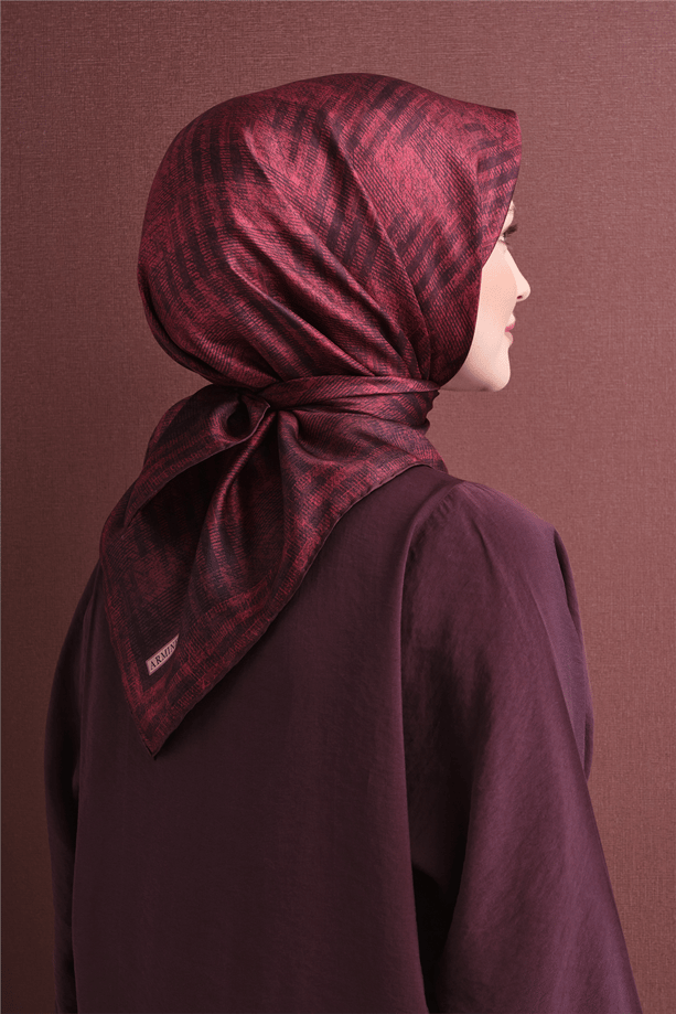 Armine  Sura Saf İpek Eşarp 9628 84 Bordo Siyah Çizgi Desen 