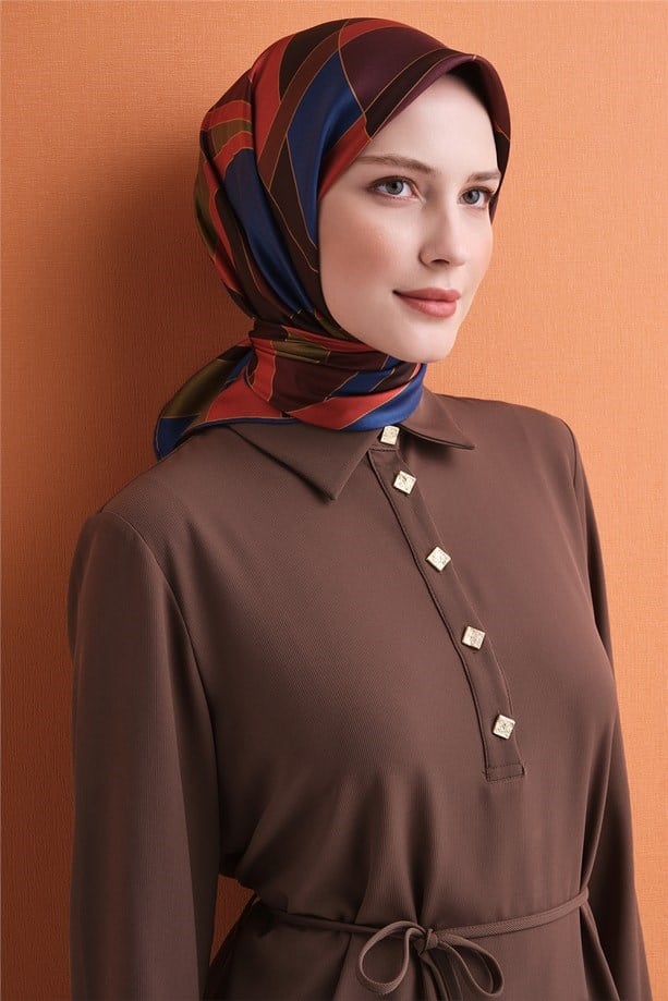 Armine Sura Saf İpek Eşarp 9633 82 Bordo Lacivert Geometrik Desen 