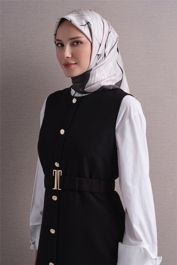Armine Sura Saf İpek Eşarp 9639 03 Krem Antrasit Çiçek Desen 
