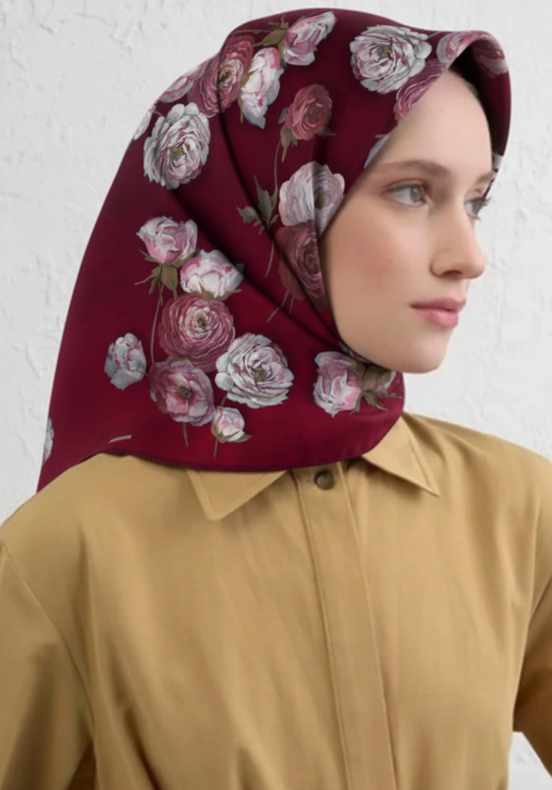 Armine Satin Pure Silk Scarf IST 9419 - 55 Claret Red Mixed Pattern