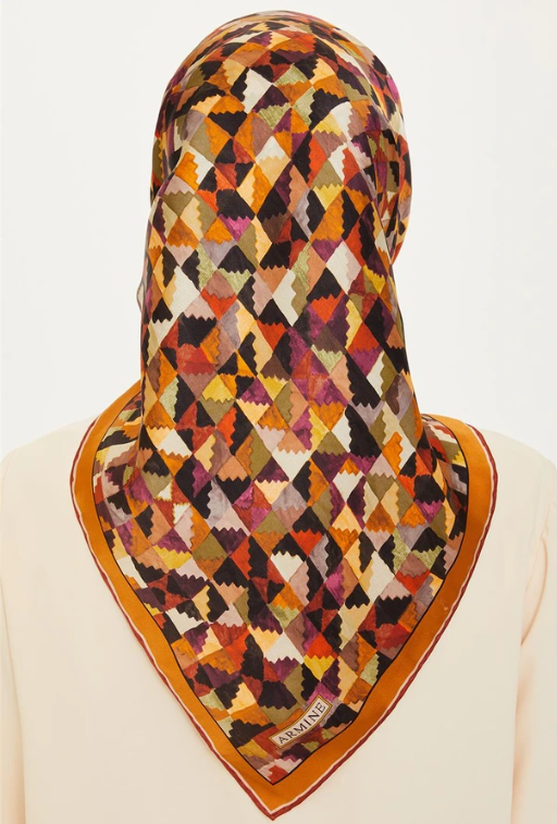 Armine Twill Silk Scarf 9214-81 Orange Mixed Pattern
