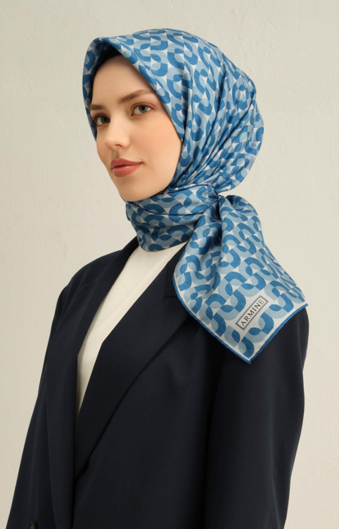 Armine Tivil İpek Eşarp 9321 - 04 Mavi Karışık Desen 
