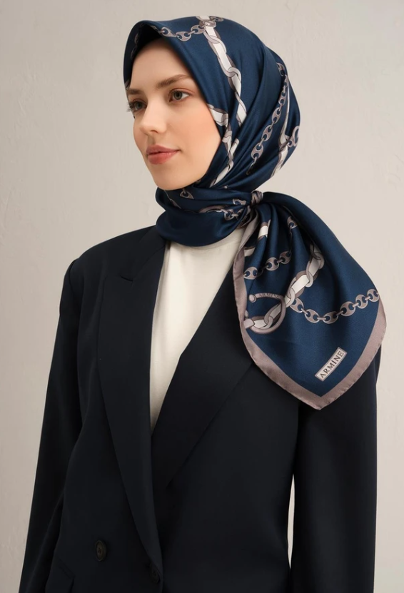 Armine Tivil İpek Eşarp 9346-13 Lacivert Karışık Desen 