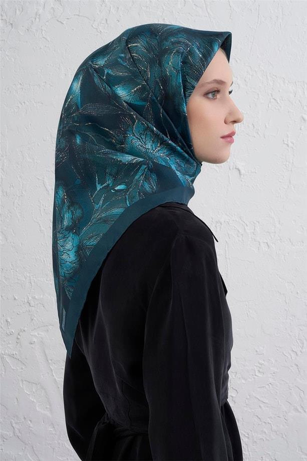 Armine Tivil Saf İpek Eşarp 9409-04 Koyu Mint Yeşili Karışık Desen